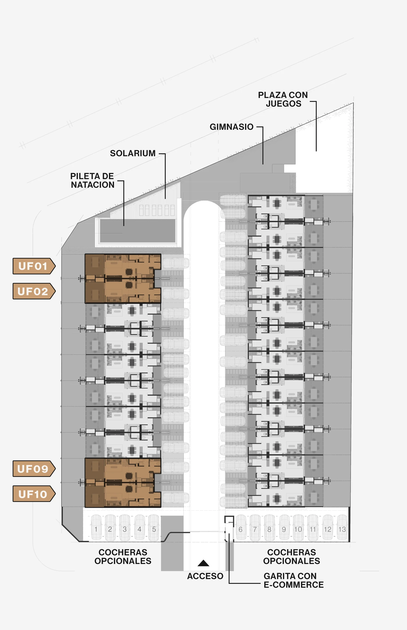 Planta del conjunto Nordik Haus con las unidades de tipología A resaltadas: UF01, 02, 09 y 10
