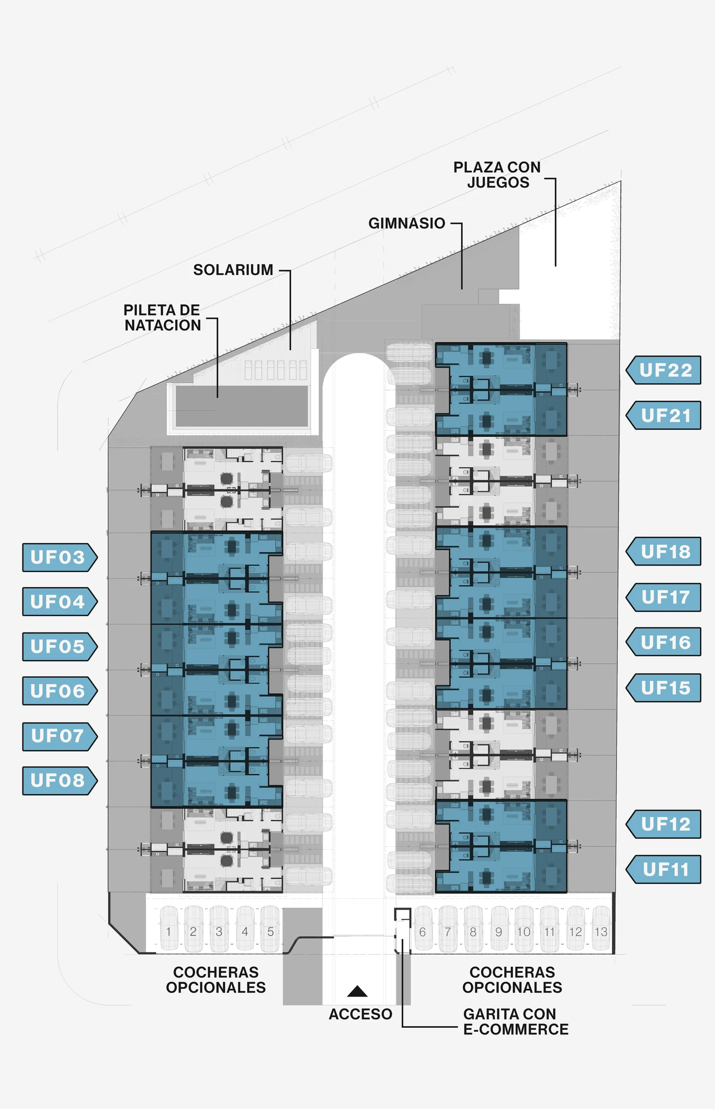 Planta del conjunto Nordik Haus con las unidades de tipología B resaltadas: UF03 a 08, 11, 12, 15 a 18, 21 y 22