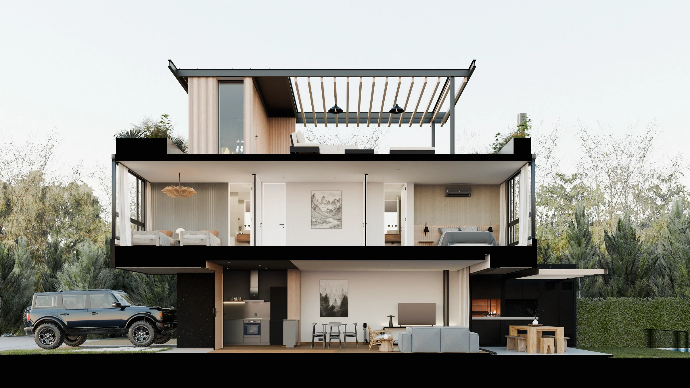 Corte perspectivado de la tipología C: los tres niveles, con la terraza propia sobre el techo