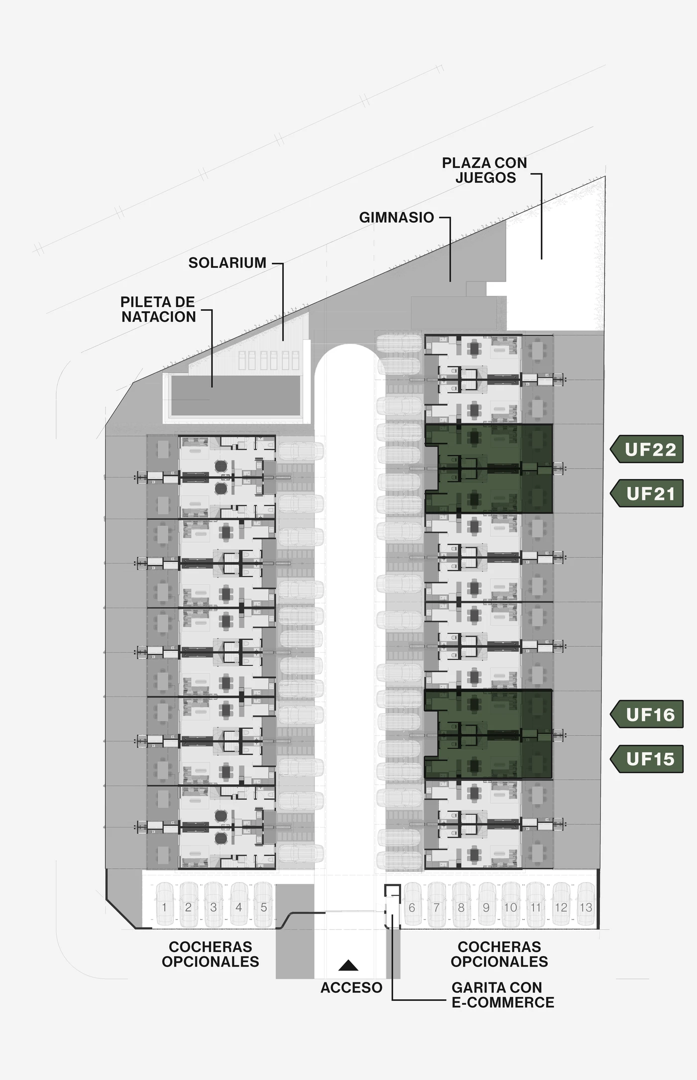 Planta del conjunto Nordik Haus con las unidades de tipología C resaltadas: UF13, 14, 19 y 20
